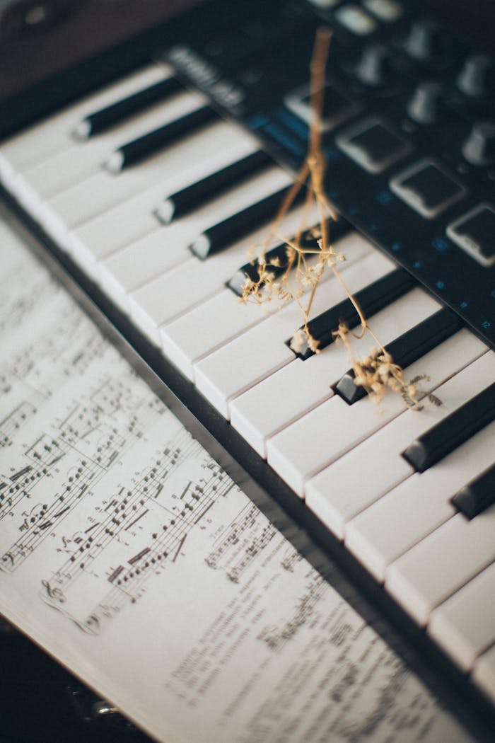 Home Close-up of piano keys with a flower and sheet music creates an artistic and musical ambiance.