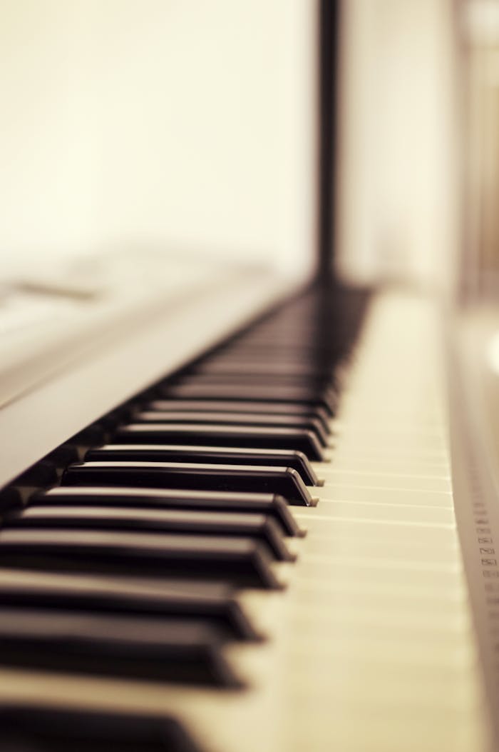 Home A classic close-up of piano keys with a soft focus effect, highlighting the black and white keys.